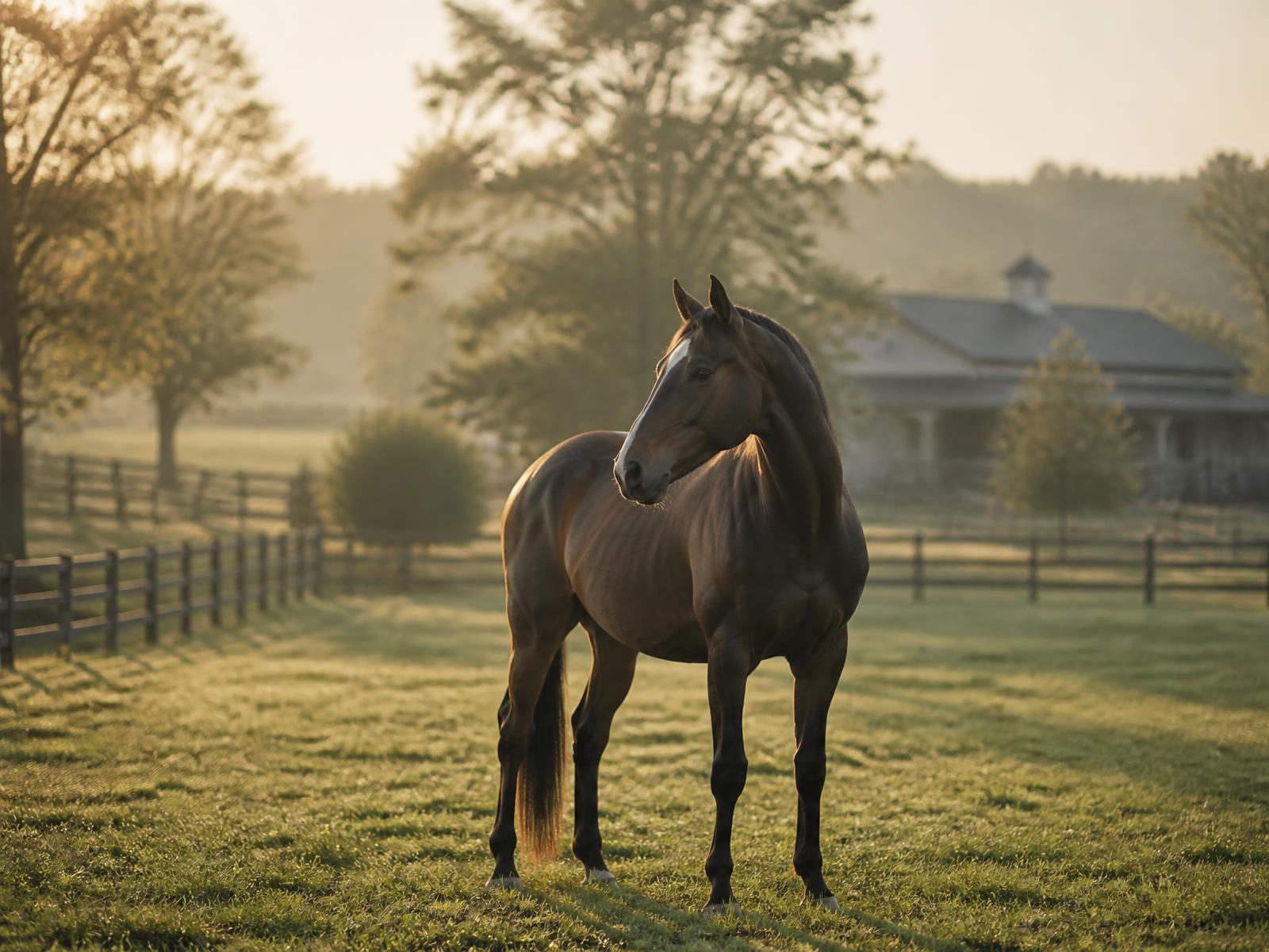 Cavalo em pasto de haras ao amanhecer